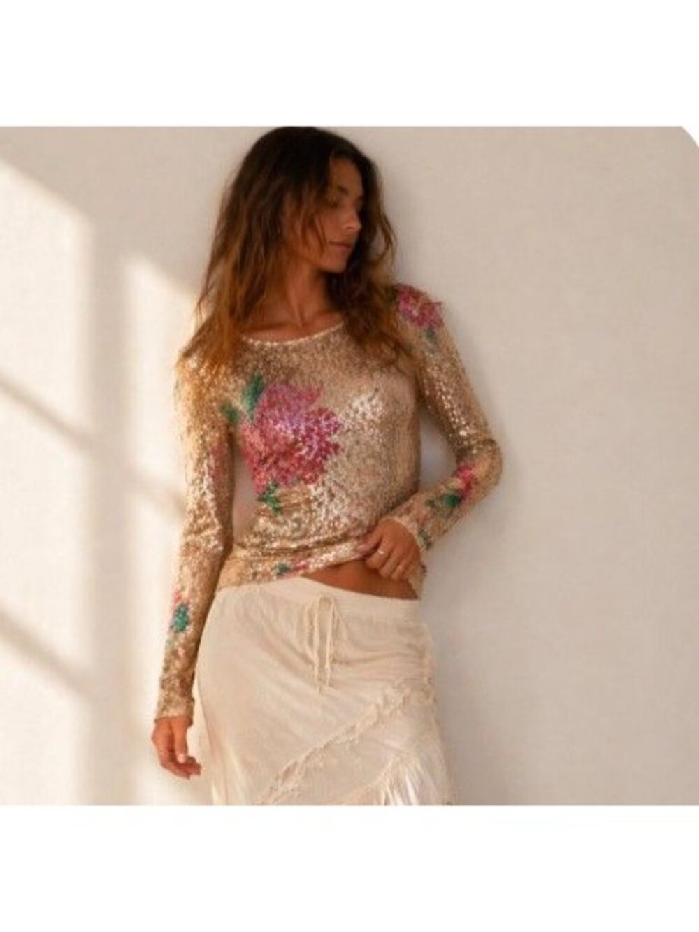 Intimately Free PeopeGold Rush Sequin Floral Boho Glam Y2k Stretch Top SP